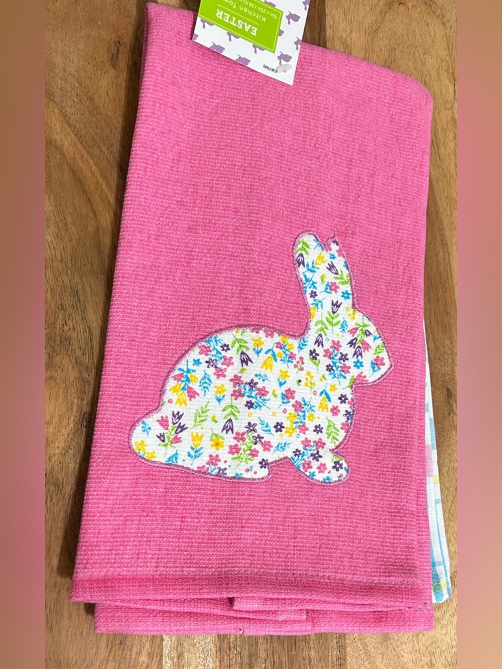Easter Bunny Kitchen Dish Towels Set of 2 Pink/Floral/Plaid 15”X25” NWT